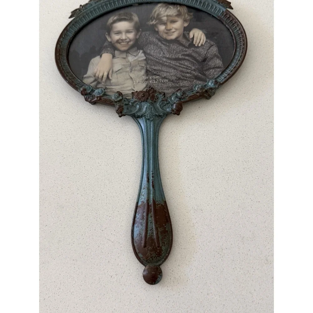 Vtg Teal Ornate Hand Mirror Photo Frame Cast Metal Shabby Cottage core Victorian